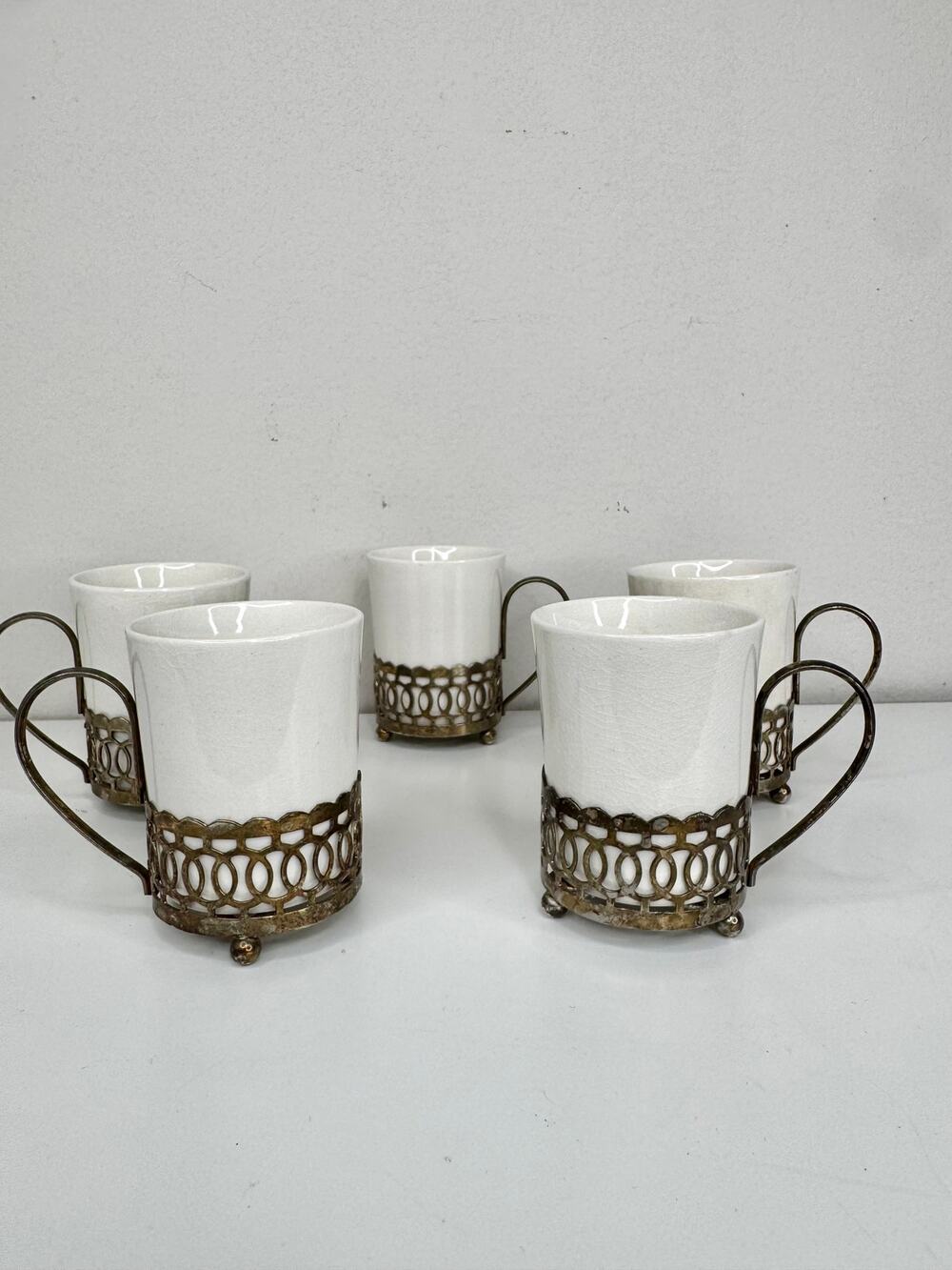 Vintage Enoch Wedgwood Tunstall England White Cups Metal Holders Set of 5